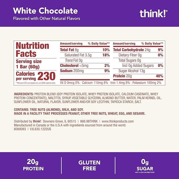 think! Protein Bars High Protein Snacks Gluten Free Kosher Friendly White Chocolate Nutrition Bars 2.1 Oz per Bar 10 Count (Packaging May Vary)