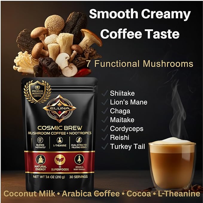 Eluna Mushroom Coffee – 7 Mushroom Blend with L-Theanine – Smooth Creamy Taste Calm Energy – Low Caffeine – 30 Servings