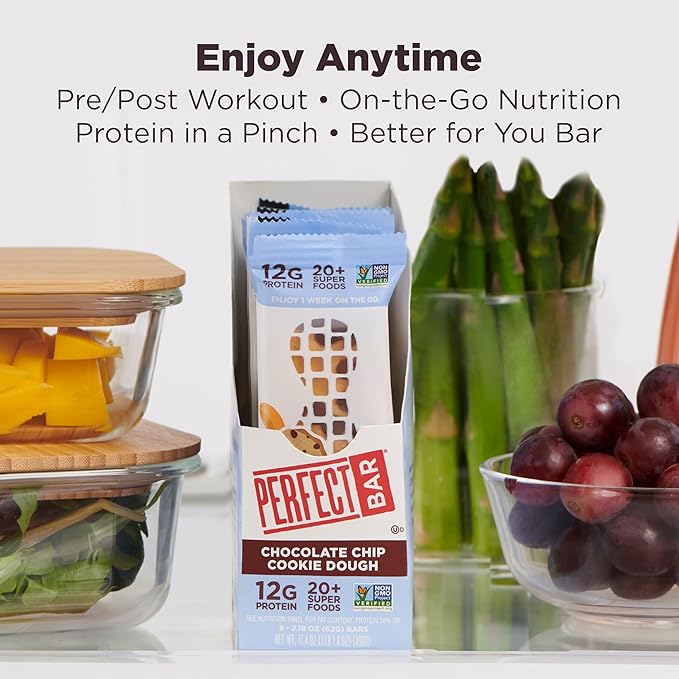 Perfect Bar Protein Bars Chocolate Chip Cookie Dough Gluten Free Made with Organic Honey Peanut Butter Cookie Dough Texture Refrigerated 2.2 Oz Bars 24 Count