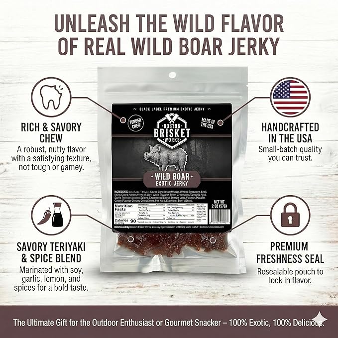 WILD BOAR JERKY - 100% Feral Swine - Rustic Wild Game Snack Rugged Carnivore Gift for Him - Unique Meat Lover Present
