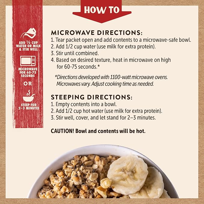 Kodiak Cakes Peak Instant Oatmeal Packets Banana Nut High Protein100% Whole Grains 6 box with 4 packets each (Total of 24 packets)