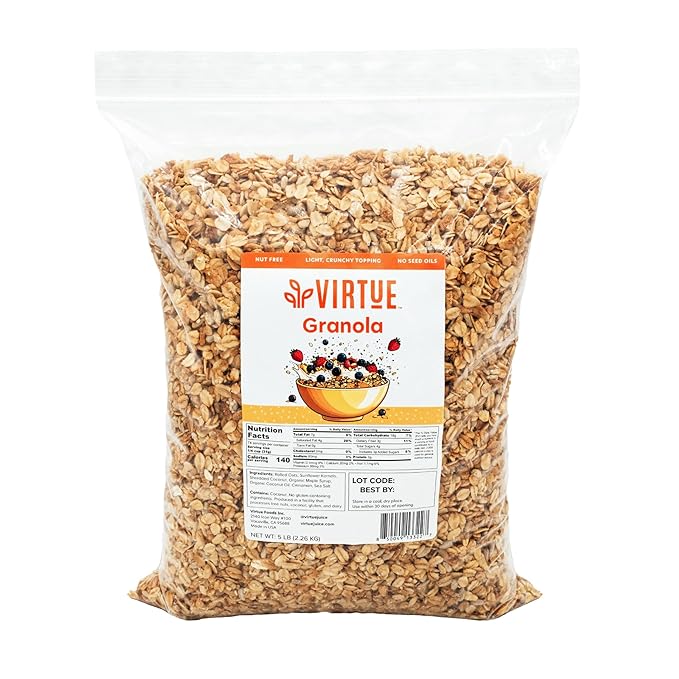 Virtue Foods Bulk Granola Original 5 lb Resealable Bag - Healthy Cereal Topping with Sunflower Seeds Cinnamon Maple Syrup Coconut Oil - Nut Free Gluten Free Soy Free Dairy Free Seed Oil Free V