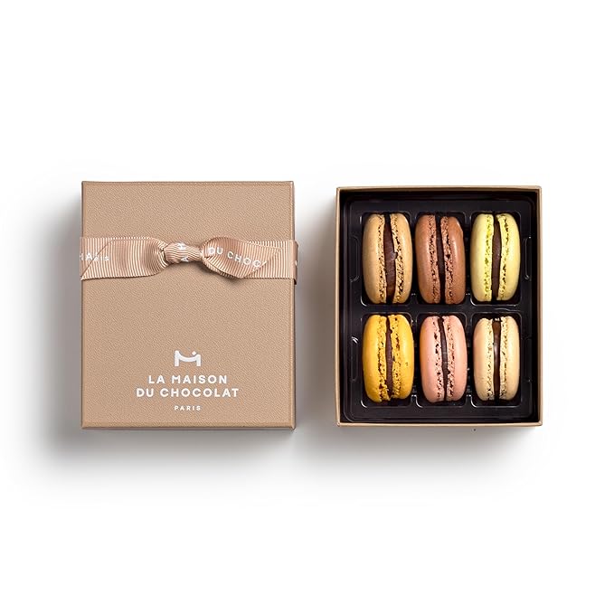 LA MAISON DU CHOCOLAT Macaron Gift Box - Gourmet French Dark Chocolate Filling with Shells in Assorted Flavors (6 Pieces)