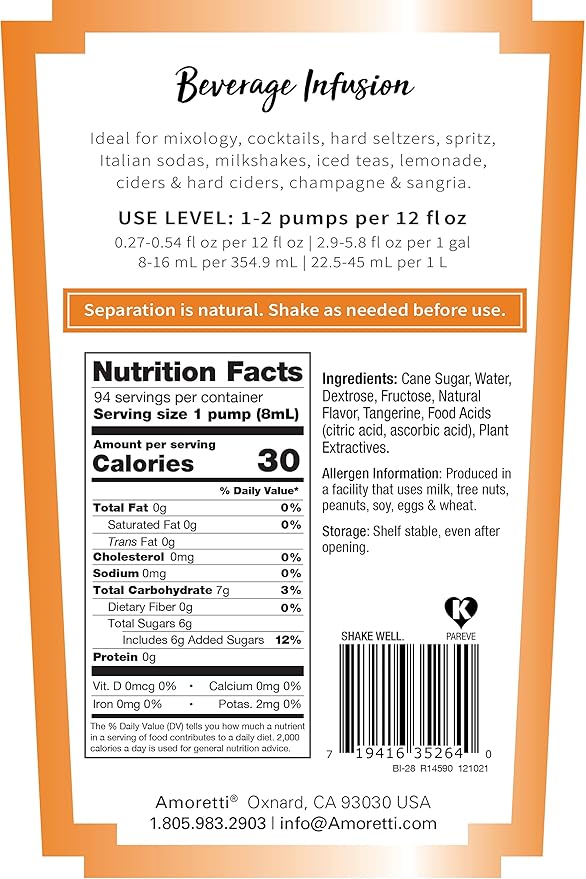 Amoretti - Tangerine Beverage Infusion 94 Servings Per Bottle (750 ml) - Drink Mix &amp Water Enhancer with Pump for Flavoring Cocktails Waters Teas and other Beverages Preservative Free