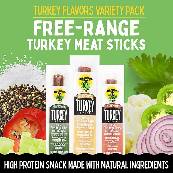 Turkey Variety Sogo Snacks No Sugar Low Carb Free-Range from a Family Farm. No Soy MSG Dairy Nuts Nitrates. Gluten Free Non-GMO. Keto Whole Paleo Friendly (Turkey Variety 1-oz 48 Cnt)