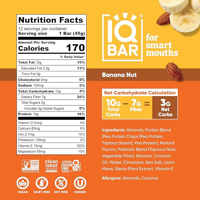 IQBAR Clean Plant Protein Bars - Banana Nut + Wild Blueberry 12 Count Bundle - Keto Vegan High Fiber Gluten and Dairy Free Low Sugar Snack - Brain and Body Nutrients for Focus Energy