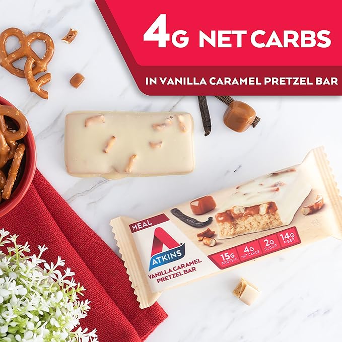 Atkins Vanilla Caramel Pretzel Protein Meal Bar High Fiber 2g Sugar 4g Net Carbs Meal Replacement Keto Friendly 5 Count