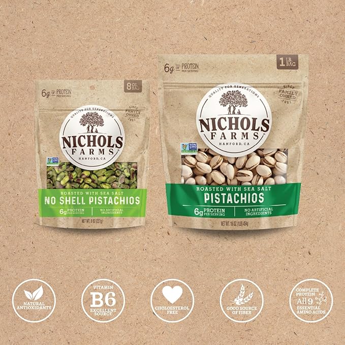 Nichols Farms California-Grown Pistachios InShell and No Shell Snack Packs Lightly Salted Healthy Roasted with Sea Salt Party Snack Bundle