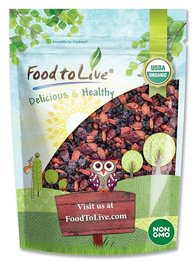 Food to Live - Organic Yummy Berries Mix 5 Pounds - A Blend of Non-GMO Dried Cranberries Blueberries Cherries Goji Berries Vegan Unsulfured Bulk