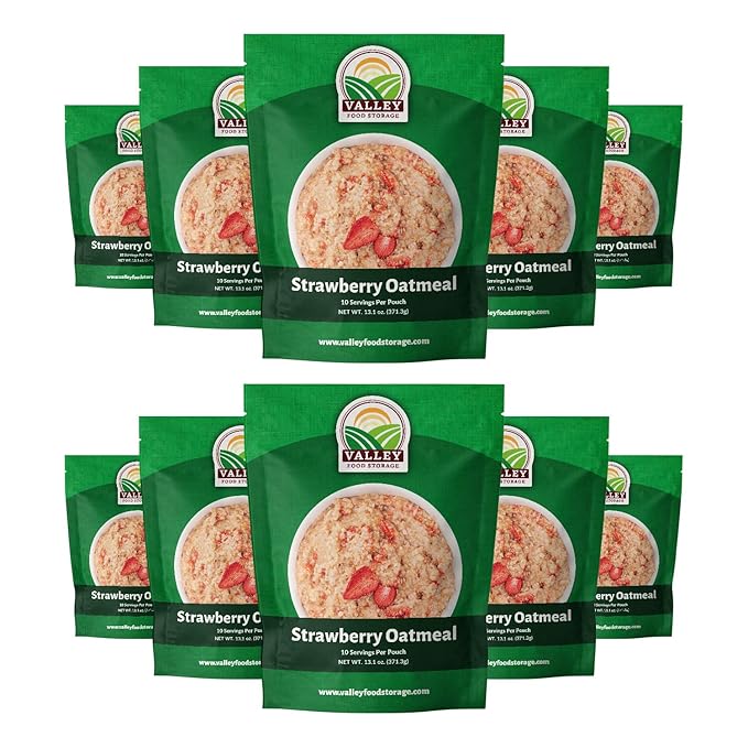 Valley Food Storage Freeze Dried Strawberry Oatmeal | 10-Bag Bucket 100 Servings | Premium Emergency Food Supply with 25 Year Shelf Life | Non-GMO Freeze Dried Breakfast &amp Prepper Food