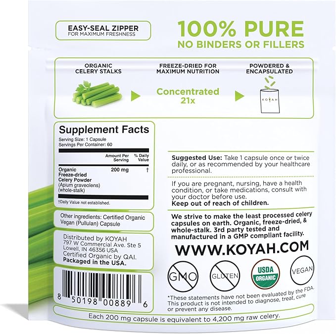 KOYAH - Organic Celery Capsules – 200 mg Freeze-Dried Whole-Stalk Powder (Equals 4200 mg Fresh) – 60 Vegan Capsules – No Binders or Fillers – USDA Organic Non-GMO Gluten-Free