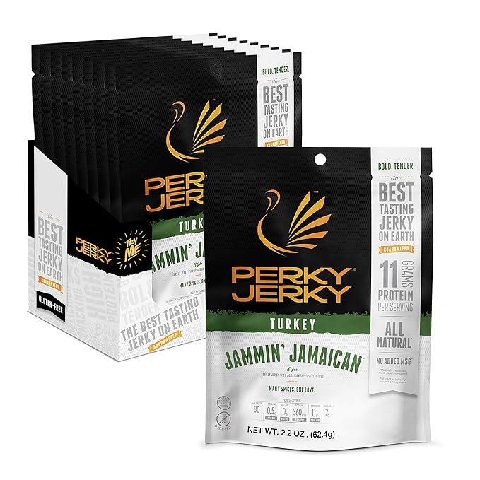 Perky Jerky Jammin' Jamaican Turkey Jerky 2.2oz (Pack of 12) - Low Sodium - 10g Protein per Serving - Low Fat - 100% U.S. Sourced - Tender Texture