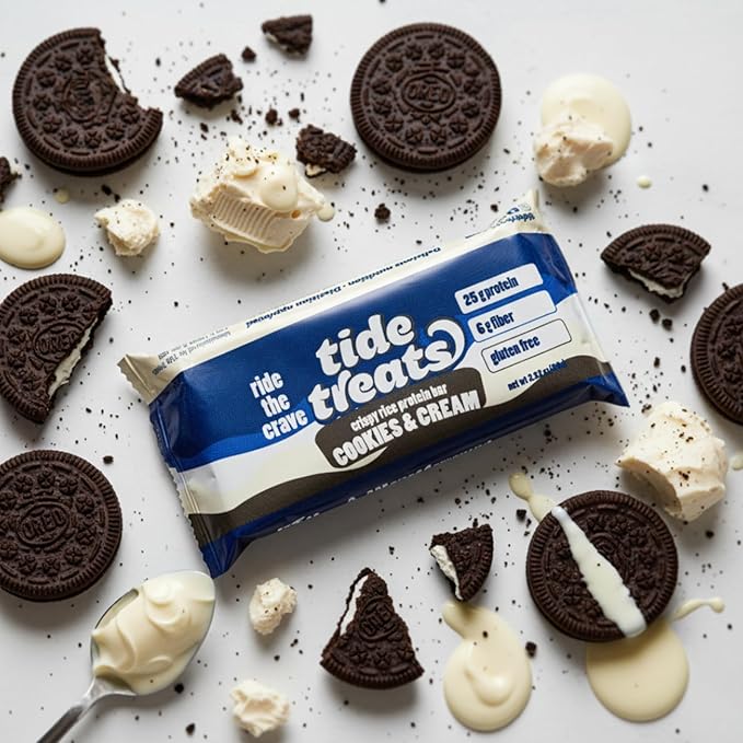 Crispy Rice Protein Bar Cookies And Cream | 25g Protein Low Sugar Clean Ingredients 7 g Fiber Gluten Free | High Protein Snack for On-the-Go Post-Workout or Dessert Cravings | 8 Count