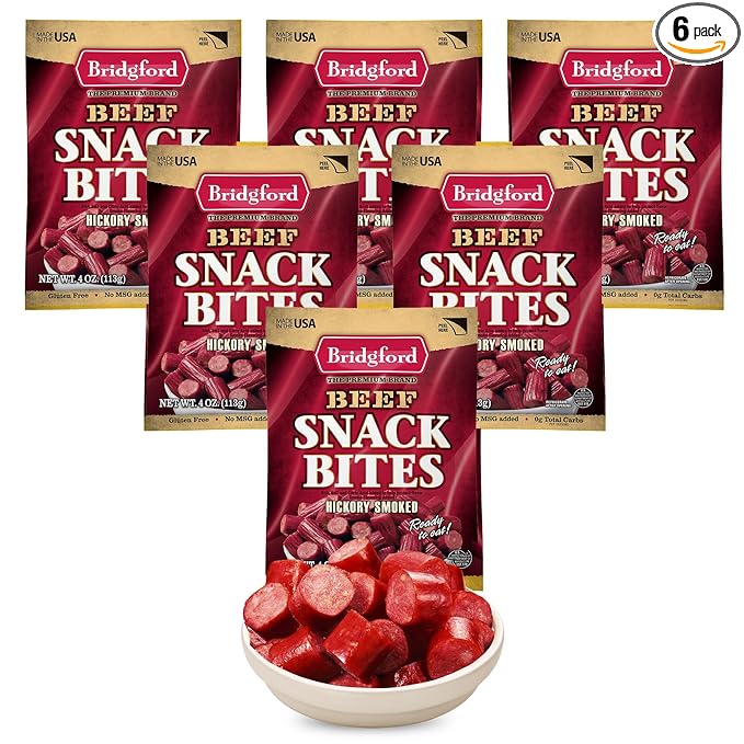 Bridgford Beef Snack Bites 4 oz Pack of 6 - Ready-to-Eat Snacks for On-the-Go Snacking - Gluten-Free Zero Carbs Meat Snacks for Adults - Keto Beef Snack Bites for Your Keto Diets