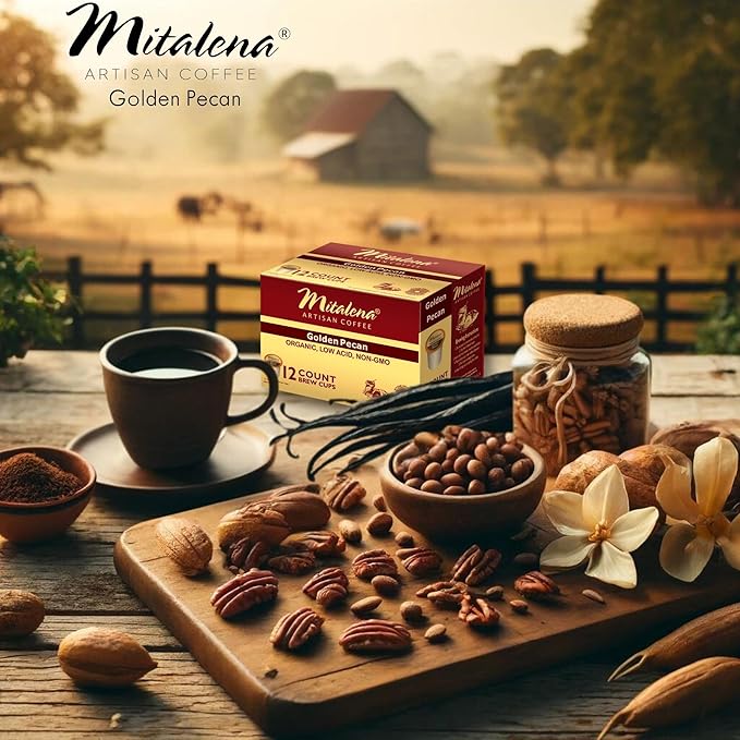 Mitalena Artisan Coffee: Golden Pecan Low Acid Coffee Pods - Medium Roast Organic Vanilla Pecan Flavored - 72 Brew Cups