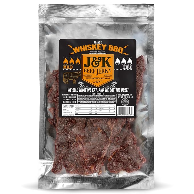 J&ampK Whiskey BBQ Beef Jerky - Small Batch American Made Slab Beef Jerky Spicy and Savory Snack with a Kick - Bold &amp Flavorful Snack! - 7oz Big Bag