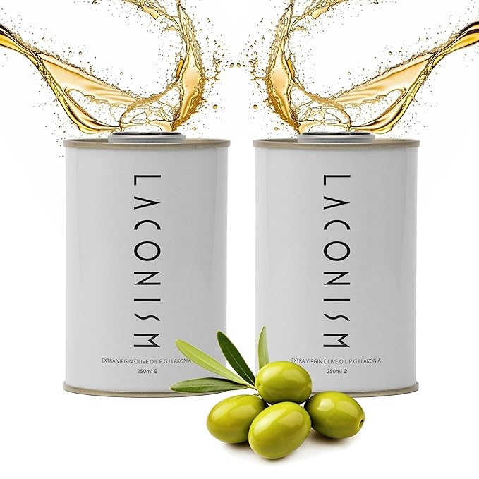 Pack of 2 Extra Virgin Olive Oil Tin Great Taste Cold Pressed Intense Flavor Contains Polyphenols Rich Olive Oil from the Land of Laconia 2X250ml Tin