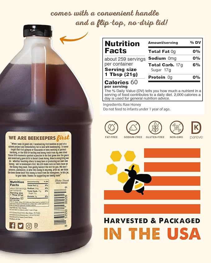 Desert Creek Honey - 100% Unfiltered Pure Raw Honey from Texas - Natural Sugar Substitute - One Gallon of Bulk Unprocessed Unpasteurized American Honey - Harvested by Our Own Beekeepers