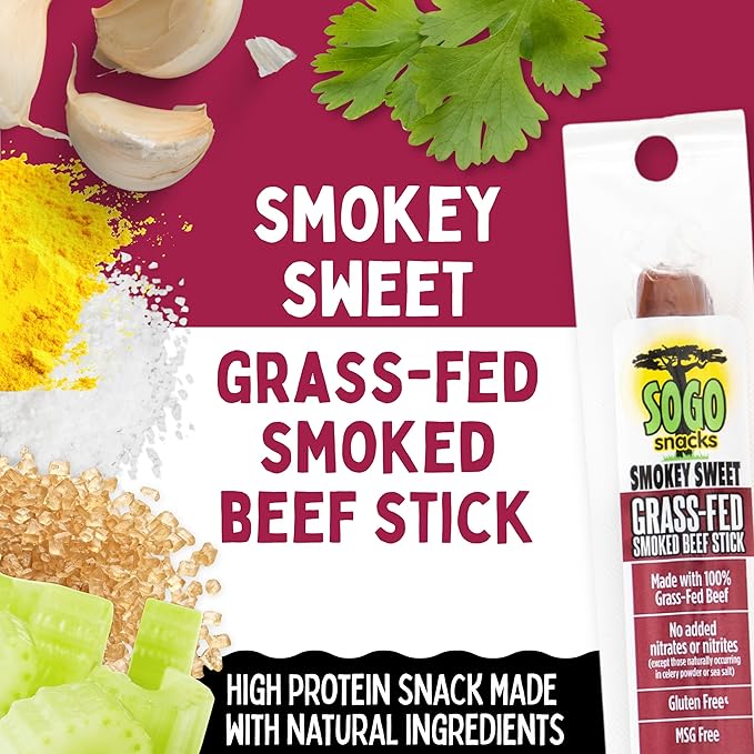 Sogo Snacks Smokey Sweet 100% Grass Fed Beef Sticks Non-GMO No Nitrates Gluten Free Soy Free and Dairy Free No Nuts or MSG Paleo &amp Keto Snack 12 Count