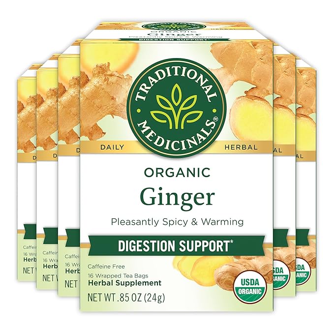 Traditional Medicinals Tea Organic Ginger Healthy Digestion Pleasantly Spicy &amp Warming Kosher Non-GMO Caffeine-Free Compostable - 96 Tea Bags (6 Pack)