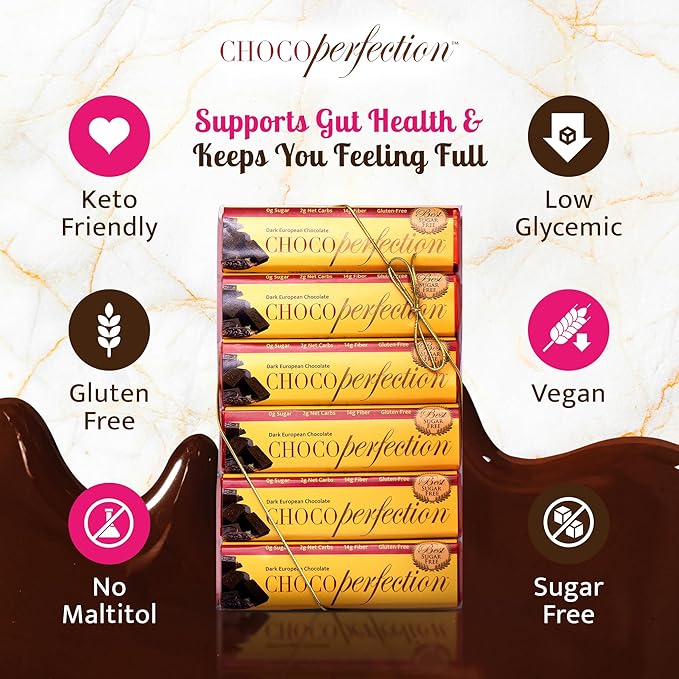ChocoPerfection Sugar Free Dark Chocolate Bars - Keto-Friendly Gluten-Free and Vegan - No Maltitol and Fiber-Rich with Low Glycemic &amp Low Carb Snacks - European Taste - Box of 12 Bars (50g each)