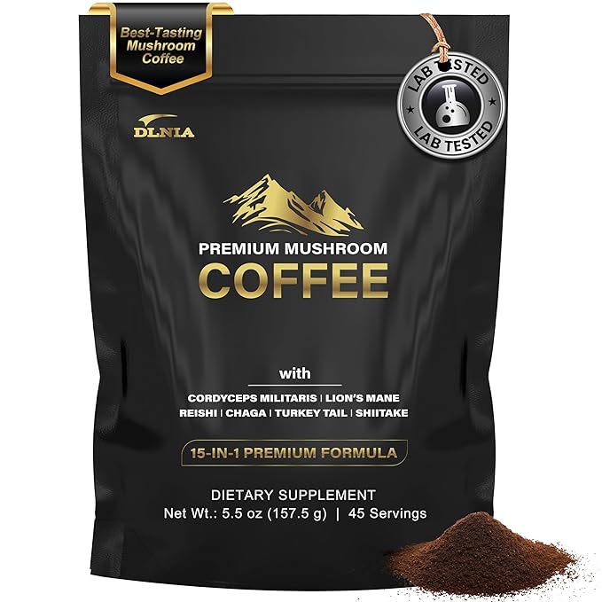 DLNIA Instant Organic Mushroom Coffee with 12 Adaptogenic Mushrooms Arabica Beans Coconut Milk &amp MCT Oil | Cordyceps Lion’s Mane &amp Turkey Tail Instant Coffee for Better Energy Focus Diges