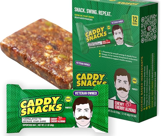 Caddy Snacks Chewy Cherry Almond – Healthy Snack Bars | Low Sugar | Vegan | Gluten Free | On-the-Go Golf Snack | 2.1 oz Bars 12 Count