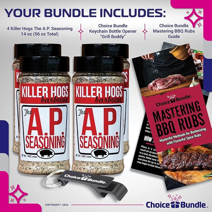 Killer Hogs AP Seasoning All Purpose Premium BBQ Barbecue Rub 4 pk (56 oz) I Plus Guide &amp Bottle Opener (6 Items)!