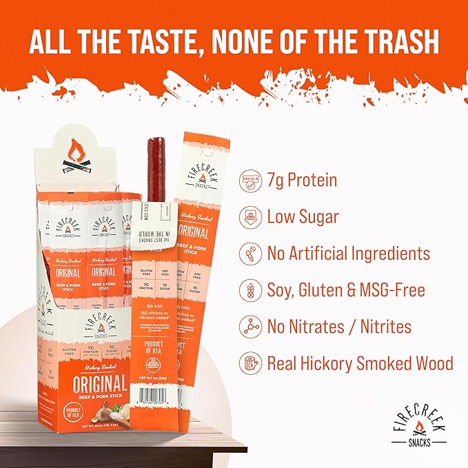 FireCreek Snacks Beef Sticks (Jerky Sticks) Hickory Smoked Beef &amp Pork Meat Sticks 20 Pack (1 oz) 7g Protein 1g Carbs Gluten Free Soy Free No MSG Original
