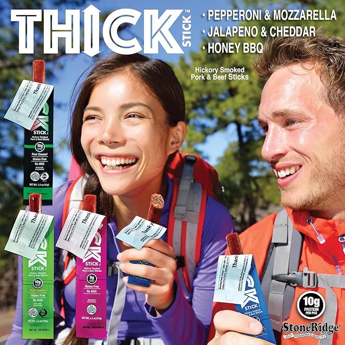 THICK STICK - STONERIDGE OLD-FASHIONED ASSORTED COMBO PACK - PEPPERONI &amp MOZZARELLA JALAPENO &amp CHEDDAR HONEY BBQ Sticks Gluten Free No MSG THICK 1.5 oz Snack Meat Sticks High Protein So
