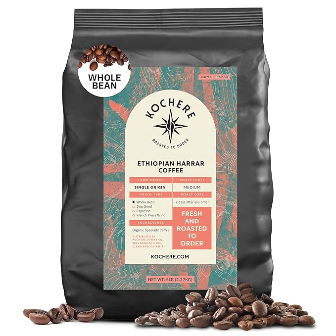 Kochere Ethiopian Harrar Whole Bean Coffee – 5 lb Bag – Organic Single-Origin Medium Roast – Artisanal Small-Batch Roasted for Specialty Cafés &amp Discerning Coffee Lovers