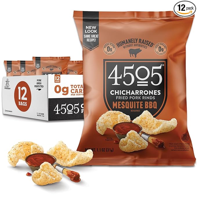4505 BBQ Seasoned Chicharrones Fried Pork Rinds - Barbeque Flavored Pork Skins - Low Carb Gluten-Free Protein Snack - 1.1oz (Pack of 12)