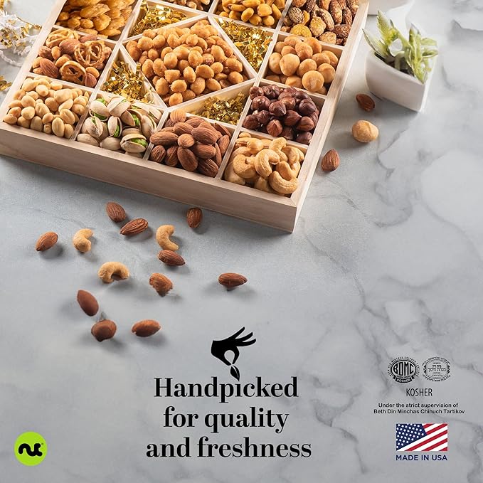 NUT CRAVINGS - Easter Mixed Nuts Gift Basket in Reusable Diamond Wooden Tray + Green Ribbon (13 Assortments) Ramadan Gifts Treats for Adults Healthy Snack Care Package Kosher