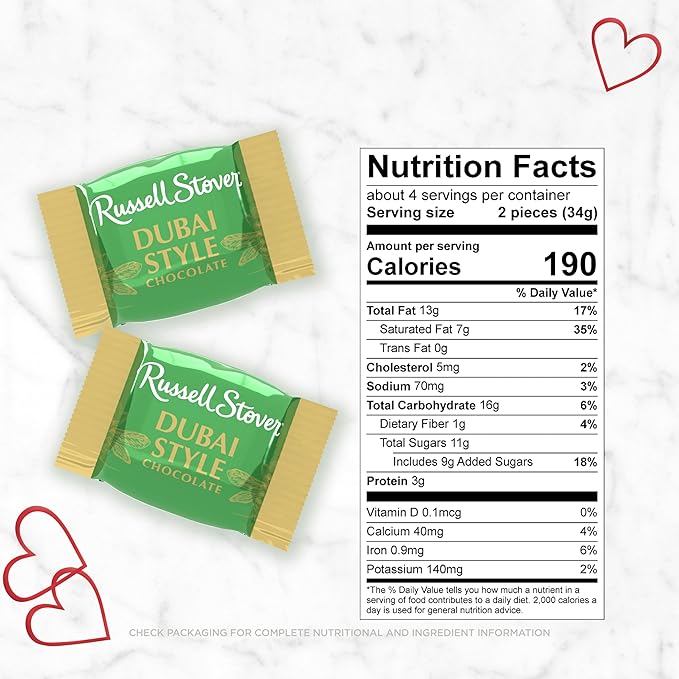 RUSSELL STOVER Valentine's Day Dubai Style Milk Chocolate Candy Pistachio &amp Kataifi Heart Gift Box 4.75 oz.
