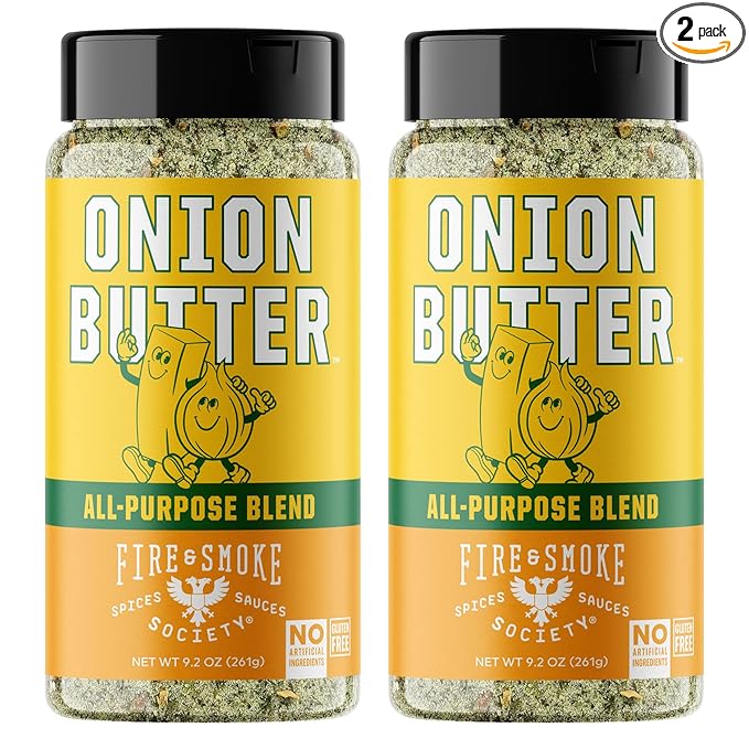 Fire &amp Smoke Society Onion Butter All Purpose Seasoning | BBQ Rubs for Smoking and Grilling | Steak Grilled Chicken Pork Burgers | Onions Green Herbs White Pepper | Large (2-Pack)
