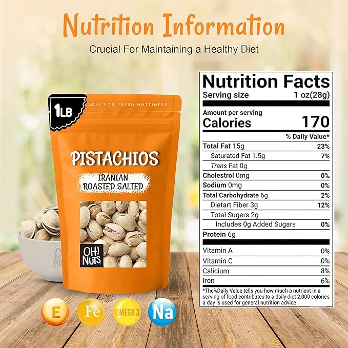 Oh! Nuts Pistachios Iranian Style - Roasted Lightly Salted - 1 lb - Shelled Whole Nuts - Packed in New York Zip-Seal Bag for Exceptional Freshness