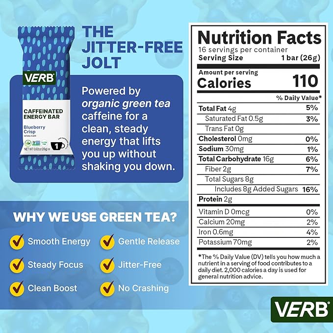 Verb Caffeinated Energy Bars Blueberry Crisp (26g Pack of 16) 110-Calorie Delicious Low Sugar Energy Bar - Vegan Gluten Free On-the Go Snack with 80mg Green Tea Caffeine Only Real-Food Ingredients