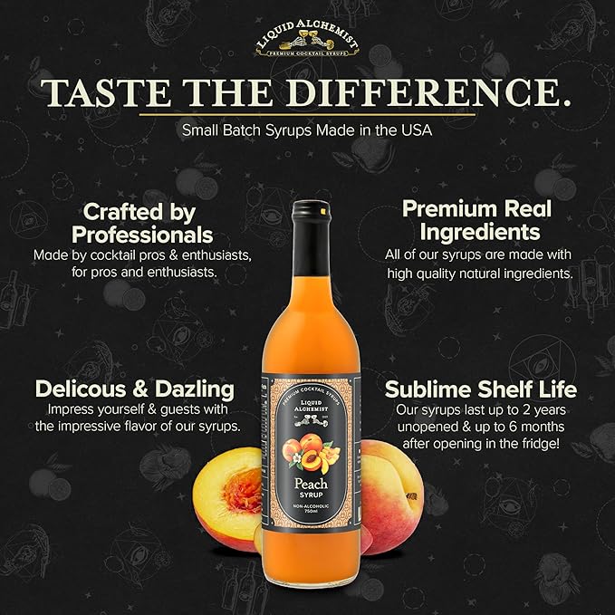 Liquid Alchemist Peach Syrup for Drinks - Real Ingredients Make the Perfect Summer Cocktail or Margarita Mix - Our Peach Flavoring Syrup is Non-GMO &amp Vegan (25.4 oz)