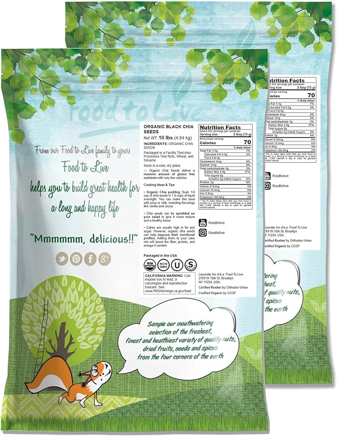 Food to Live Organic Black Chia Seeds 20 Pounds - Non-GMO Whole Sproutable Vegan Keto Sirtfood Bulk. Rich in Essential Fatty Acids Fiber Protein. Great for Chia Pudding Smoothie Oatmeal