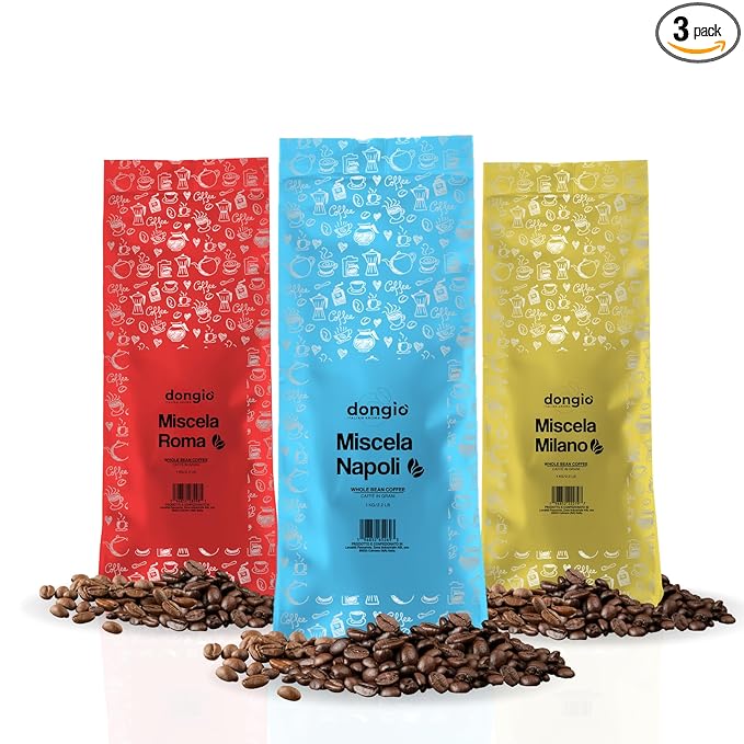 Dongiò Caffè Variety Pack whole bean coffee 3 bags of 2.2 lbs - 100% blended and roasted in Italy (light medium and dark roasts)