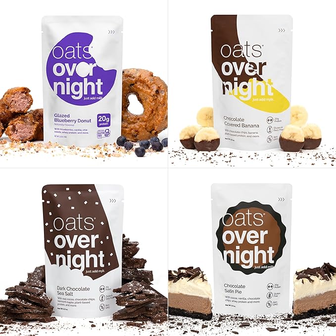 Oats Overnight Dessert Variety Pack - High Protein High Fiber Breakfast Protein Shake - Gluten Free Oatmeal Non GMO High Protein Oatmeal - Salted Toffee Chocolate Satin Pie &amp More Flavors (24 P