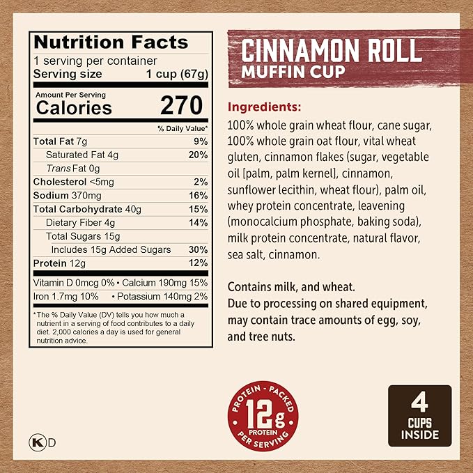 Kodiak Cakes Minute Muffin Cup Variety Pack - 100% Whole Grains Double Dark Chocolate Blueberry &amp Cinnamon Roll 2.36 oz (Pack of 12)