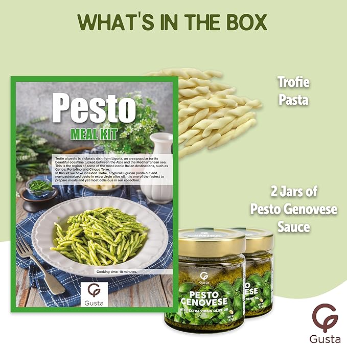 Gusta Trofie al Pesto Pasta Meal Kit - Made in Italy - Gourmet Italian Food Lovers - Italian Gift Basket Gourmet Pasta - Authentic Italian Recipe - Makes 5 Meals with Recipe Booklet