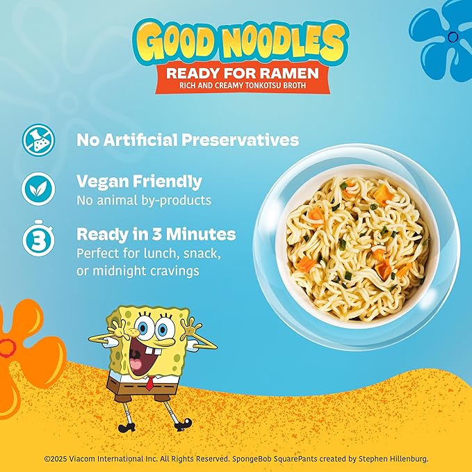 A-Sha &amp SpongeBob Squarepants Good Noodles (6 Pack) | Ready for Ramen (Mildly Spicy Flavor) | Rich and Creamy Tonkotsu Broth | Better For Your Microwaveable Ramen Soup Mix
