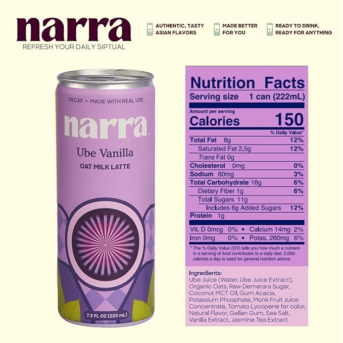 Narra Oat Milk Tea Latte (12 Pack) - Ube Vanilla Caffeine Free Organic Oat Milk MCT Oil Vegan Dairy Free No Refined Sugar Non-GMO