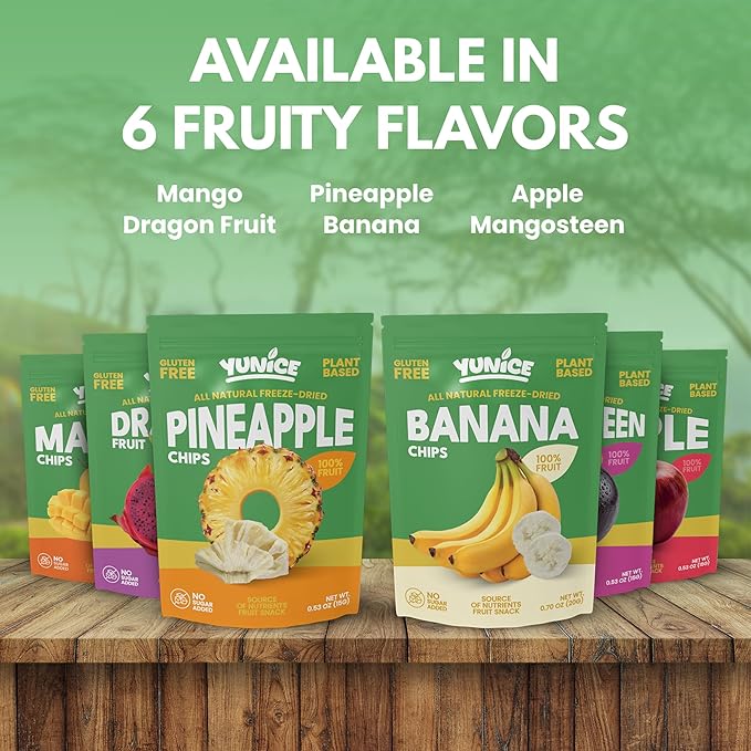 YUNiCE Freeze-Dried banana chips 100% Real Fruit Single Ingredient Snack Naturally Sweet &amp Crunchy No Sugar Added Gluten Free Plant-Based On-The-Go Packs BANANA 0.70 Ounce (Pack of 12)