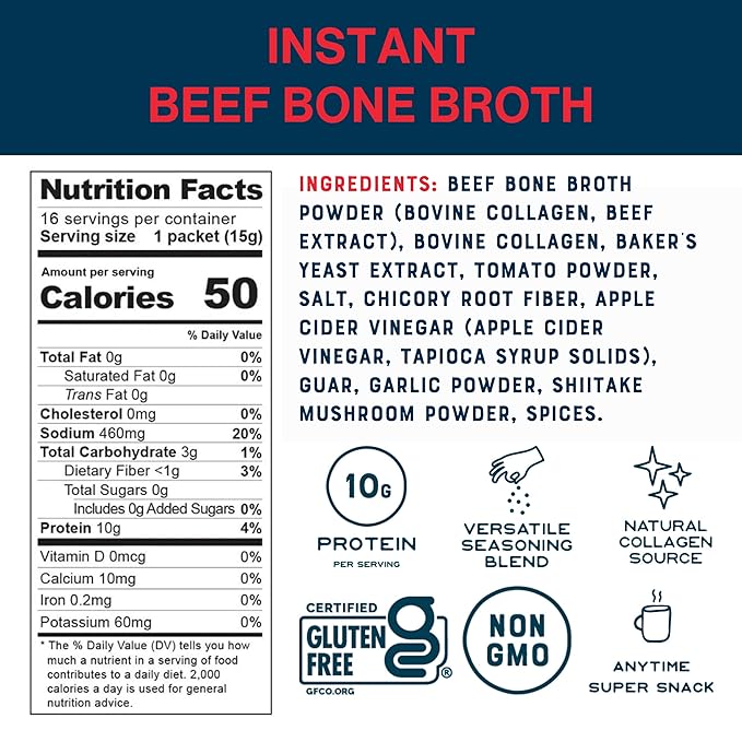 Bare Bones Beef Bone Broth Instant Powdered Mix Packets | 5g Collagen | 10g Protein | Keto &amp Paleo Friendly | No Artificial Flavors | Rich Savory on-the-go 16 Pack