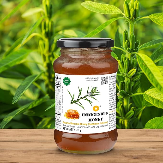 INDIGENOUS HONEY Sesame Til Honey Raw Organic Natural Pure Unprocessed NMR Tested Unpasteurized Unheated 530g Glass Jar Pack of 1