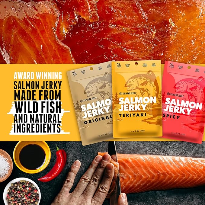 Kaimana Jerky Wild Caught Salmon Jerky - Organic Dried Fish Strips Rich in Omega-3 Protein - Low-Calorie Seafood Snack with No Gluten Less Sodium &amp Sugar - Original Teriyaki Spicy Flavors - 3-