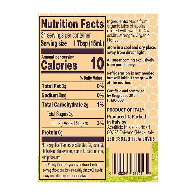 De Nigris Organic Apple Cider Vinegar With Honey Raw &amp Unfiltered 169 Oz (Pack of 2) | Apple Cider Vinegar With Mother For The Balance Of Metabolism Organic
